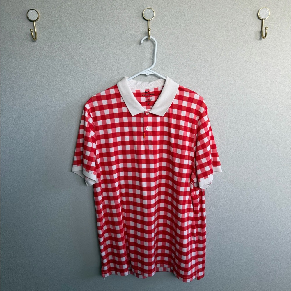 Nike Red and White Checkered Polo Shirt
